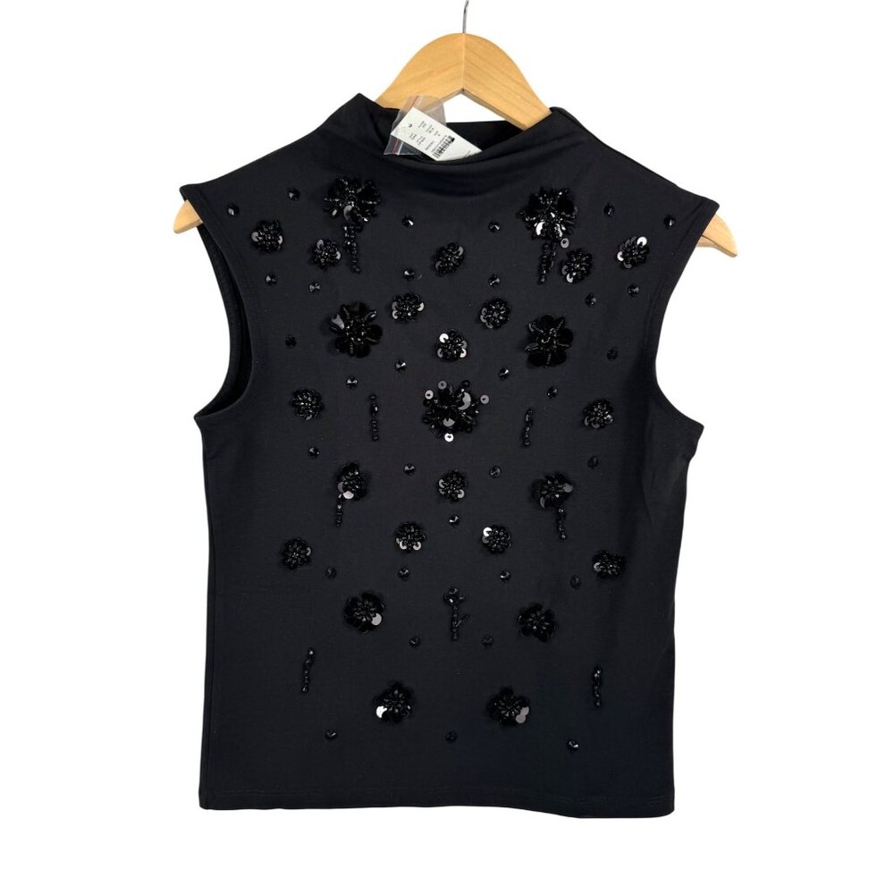 J.Crew Stretch cotton-blend mockneck with floral embellishment preppy black sz S